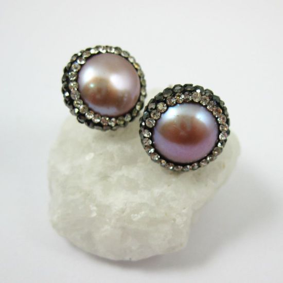Wholesale Pink Freshwater Pearl Pave Earring, Sterling Silver Posts, Pearl and Pave Earrings - 1 pair