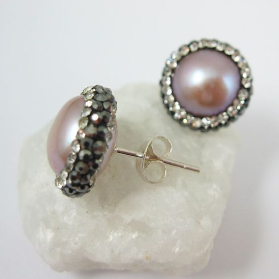Wholesale Pink Freshwater Pearl Pave Earring, Sterling Silver Posts, Pearl and Pave Earrings - 1 pair