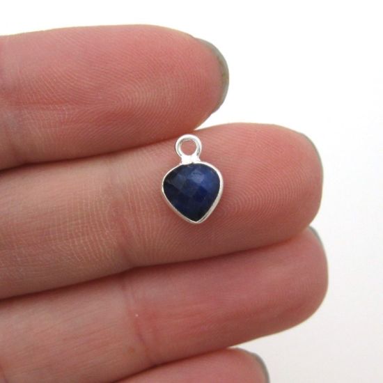 Wholesale Sterling Silver Bezel Charm Pendant - 10x7mm Tiny Heart Shape - Blue Sapphire Dyed - September Birthstone