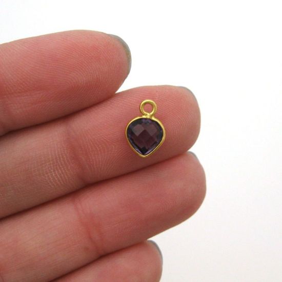 Wholesale Gold Over Sterling Silver Bezel Charm Pendant - 10 x 7mm Tiny Heart Shape - Amethyst Quartz - February Birthstone