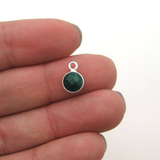Wholesale Sterling Silver Bezel Charm Pendant - 7mm Tiny Circle Shape - Emerald Dyed - May Birthstone