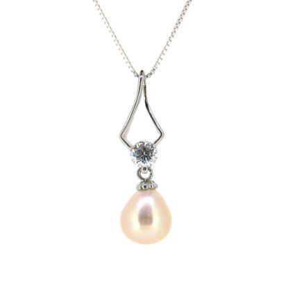 Wholesale Sterling Silver Cream Freshwater Pearl and CZ Stone Diamond Shaped Pendant Necklace-16"