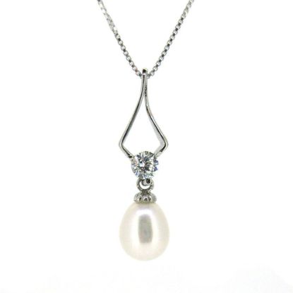 Wholesale Sterling Silver White Freshwater Pearl and CZ Stone Diamond Shaped Pendant Necklace-16"