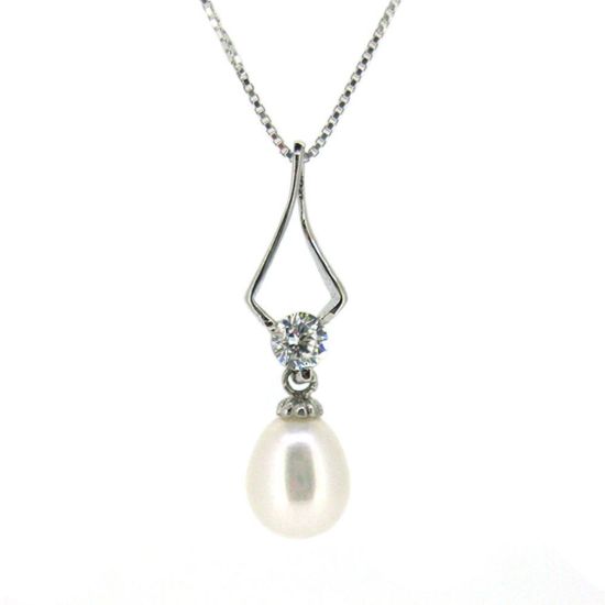 Wholesale Sterling Silver White Freshwater Pearl and CZ Stone Diamond Shaped Pendant Necklace-16"