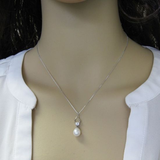 Wholesale Sterling Silver White Freshwater Pearl and CZ Stone Diamond Shaped Pendant Necklace-16"