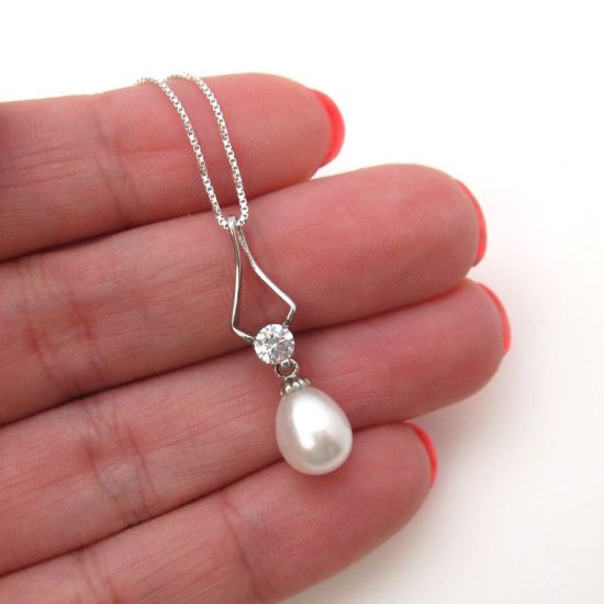 Wholesale Sterling Silver White Freshwater Pearl and CZ Stone Diamond Shaped Pendant Necklace-16"