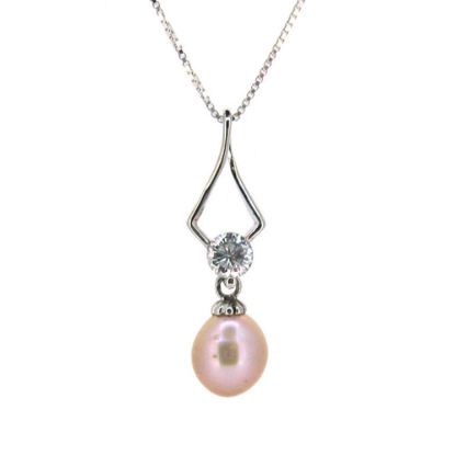 Wholesale Sterling Silver Pink Freshwater Pearl and CZ Stone Diamond Shaped Pendant Necklace-16"