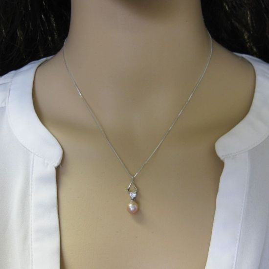 Wholesale Sterling Silver Pink Freshwater Pearl and CZ Stone Diamond Shaped Pendant Necklace-16"