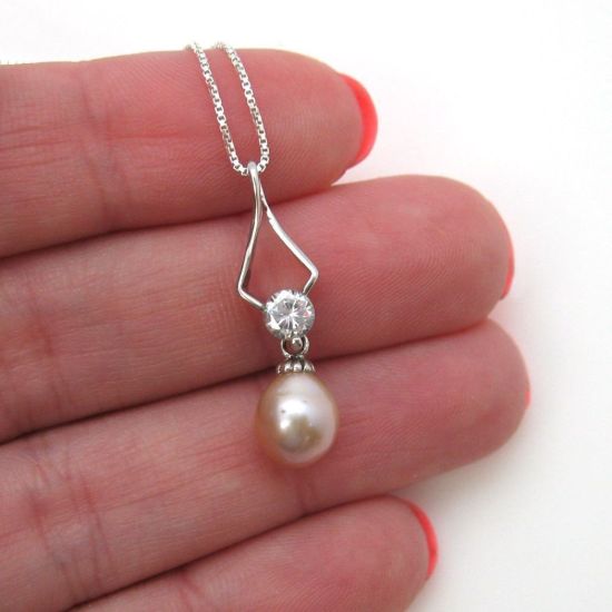 Wholesale Sterling Silver Pink Freshwater Pearl and CZ Stone Diamond Shaped Pendant Necklace-16"