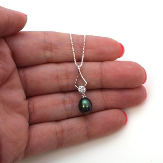 Wholesale Sterling Silver Peacock Freshwater Pearl and CZ Stone Diamond Shaped Pendant Necklace-16"