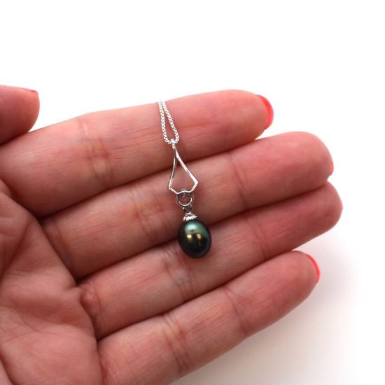 Wholesale Sterling Silver Peacock Freshwater Pearl and CZ Stone Diamond Shaped Pendant Necklace-16"