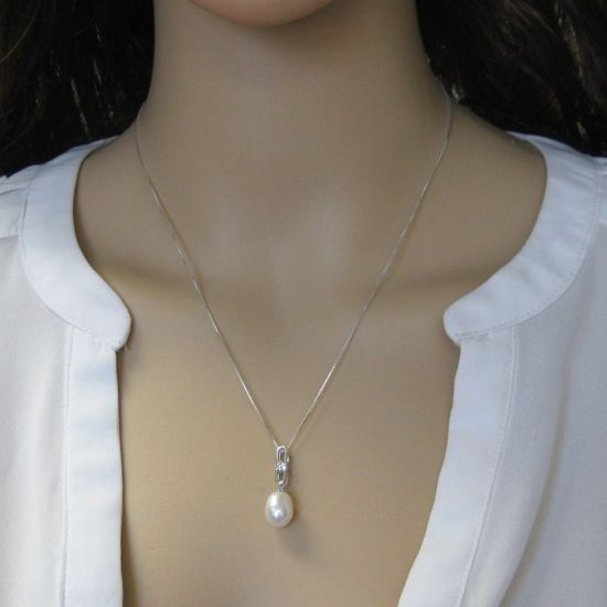 Wholesale Sterling Silver White Freshwater Pearl and CZ Stone Elongated Oval Pendant Necklace-18"