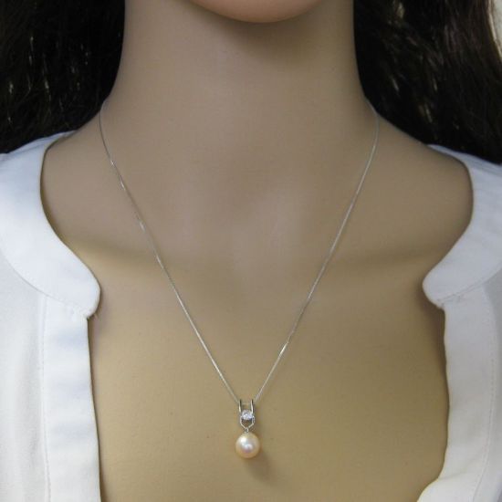 Wholesale Sterling Silver Cream Freshwater Pearl and CZ Stone Pendant Necklace-18"