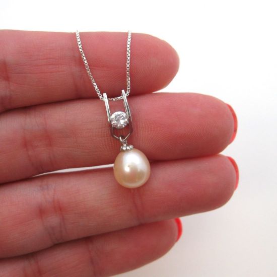 Wholesale Sterling Silver Cream Freshwater Pearl and CZ Stone Pendant Necklace-18"