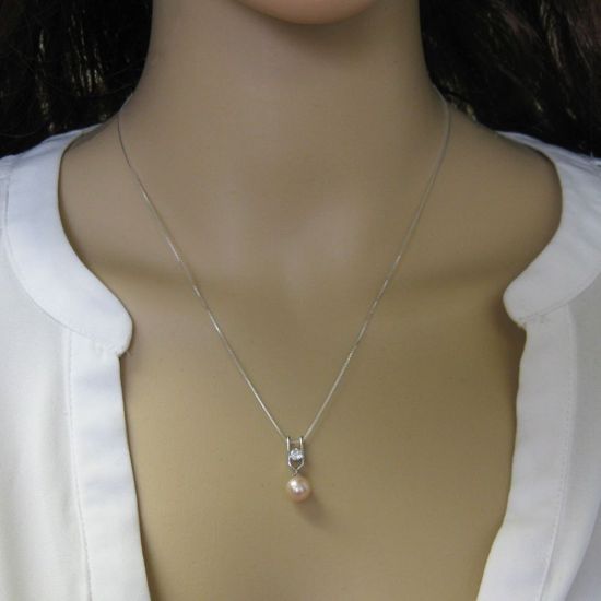 Wholesale Sterling Silver Pink Freshwater Pearl and CZ Stone Pendant Necklace-18"