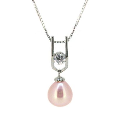 Wholesale Sterling Silver Pink Freshwater Pearl and CZ Stone Pendant Necklace-18"