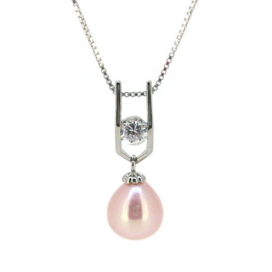 Wholesale Sterling Silver Pink Freshwater Pearl and CZ Stone Pendant Necklace-18"