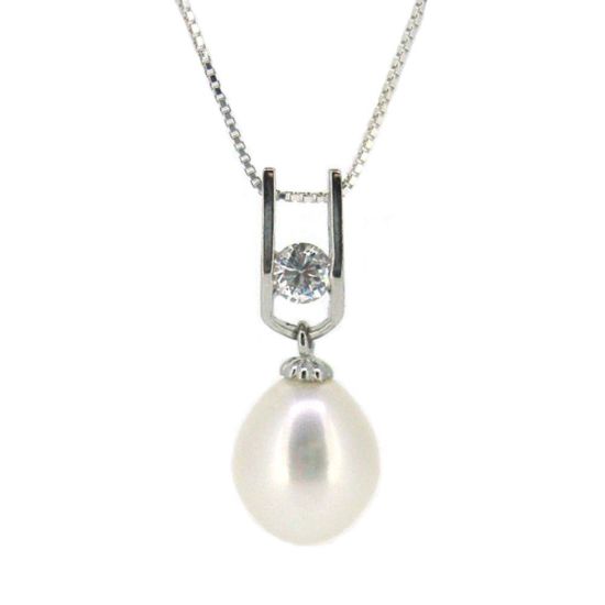 Wholesale Sterling Silver White Freshwater Pearl and CZ Stone Pendant Necklace-18"