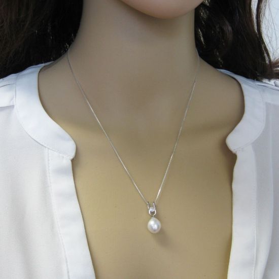Wholesale Sterling Silver White Freshwater Pearl and CZ Stone Pendant Necklace-18"