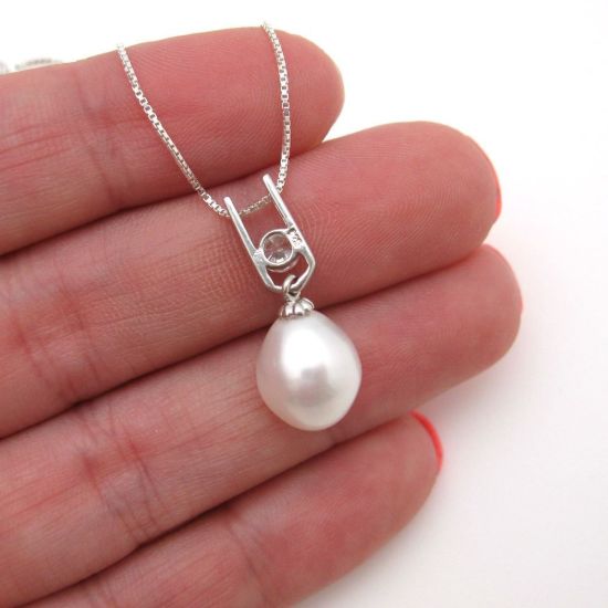 Wholesale Sterling Silver White Freshwater Pearl and CZ Stone Pendant Necklace-18"