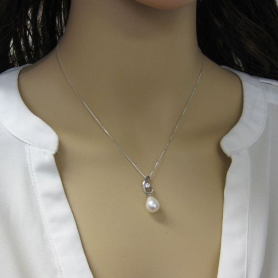 Wholesale Sterling Silver White Freshwater Pearl and CZ Stone Swirl Pendant Necklace-16"