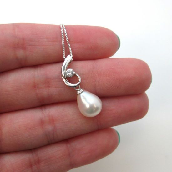 Wholesale Sterling Silver White Freshwater Pearl and CZ Stone Swirl Pendant Necklace-16"