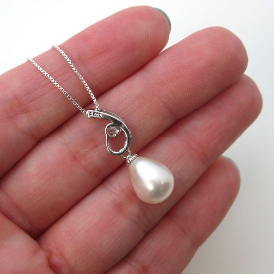 Wholesale Sterling Silver White Freshwater Pearl and CZ Stone Swirl Pendant Necklace-16"