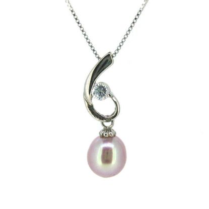 Wholesale Sterling Silver Pink Freshwater Pearl and CZ Stone Swirl Pendant Necklace-16"