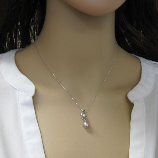 Wholesale Sterling Silver Pink Freshwater Pearl and CZ Stone Swirl Pendant Necklace-16"