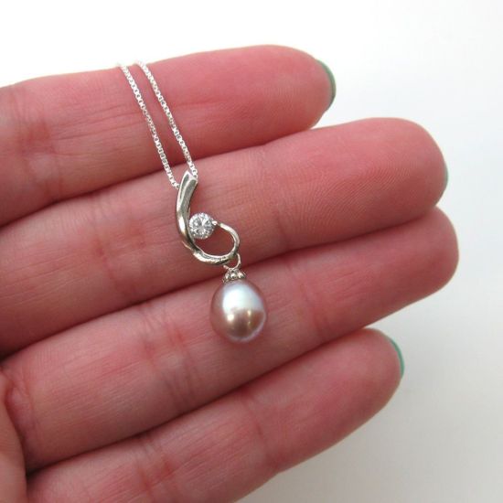 Wholesale Sterling Silver Pink Freshwater Pearl and CZ Stone Swirl Pendant Necklace-16"
