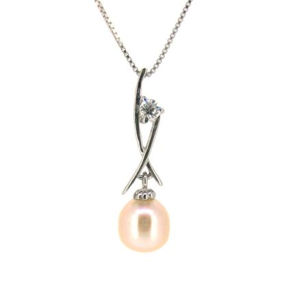 Wholesale Sterling Silver Cream Freshwater Pearl and CZ Stone Crossed Pendant Necklace-16"