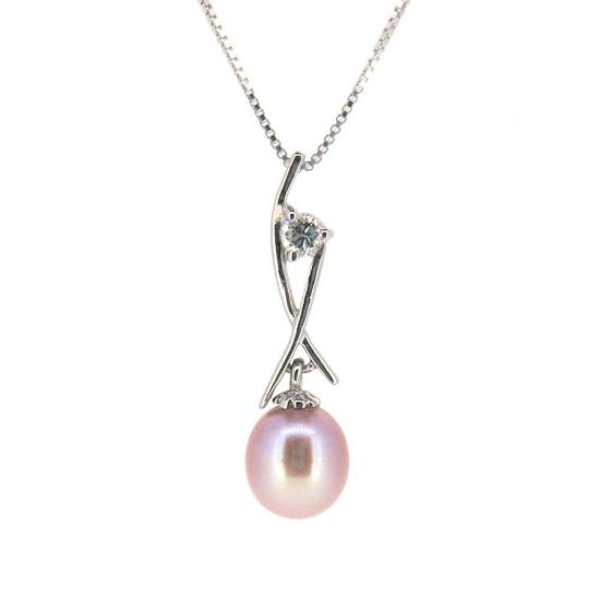Wholesale Sterling Silver Pink Freshwater Pearl and CZ Stone Crossed Pendant Necklace-16"