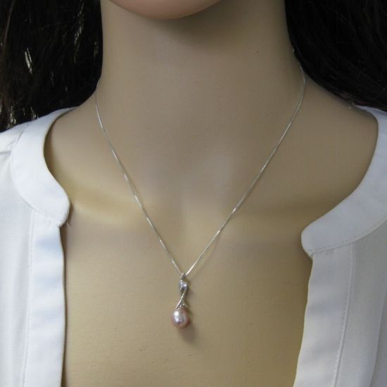 Wholesale Sterling Silver Pink Freshwater Pearl and CZ Stone Crossed Pendant Necklace-16"