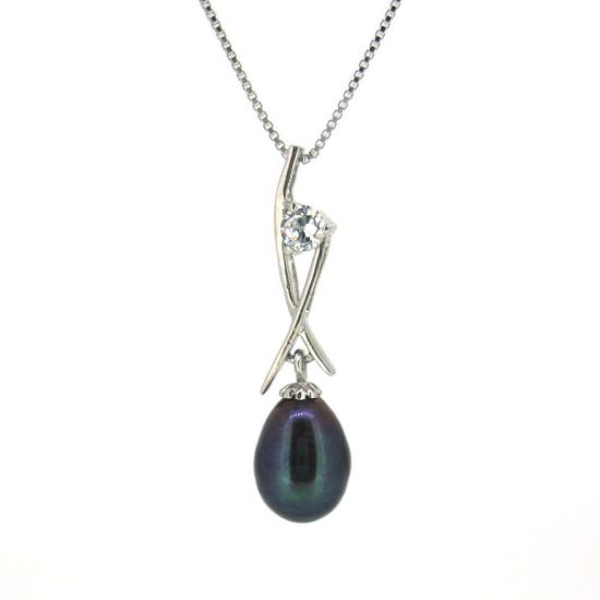 Wholesale Sterling Silver Peacock Freshwater Pearl and CZ Stone Crossed Pendant Necklace-16"