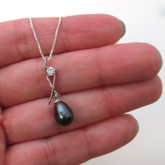 Wholesale Sterling Silver Peacock Freshwater Pearl and CZ Stone Crossed Pendant Necklace-16"