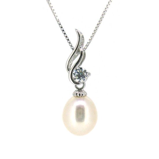 Wholesale Sterling Silver White Freshwater Pearl and CZ Stone Wave Pendant Necklace-16"