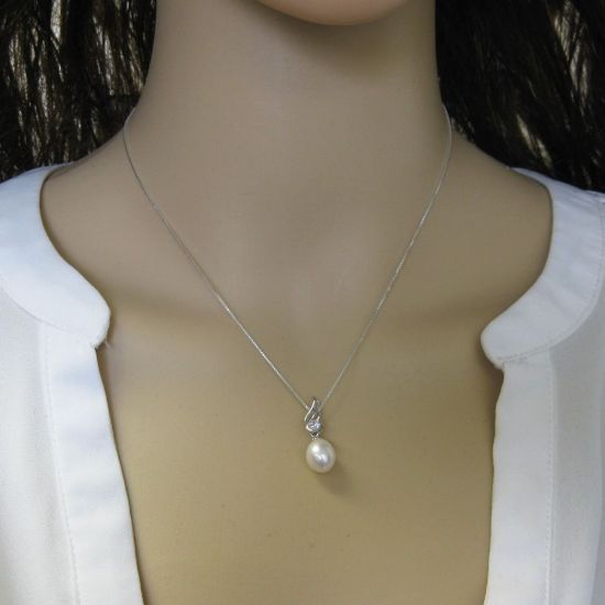 Wholesale Sterling Silver White Freshwater Pearl and CZ Stone Wave Pendant Necklace-16"