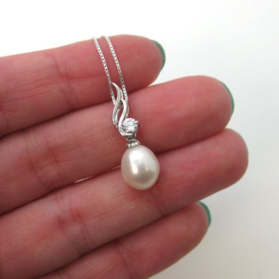 Wholesale Sterling Silver White Freshwater Pearl and CZ Stone Wave Pendant Necklace-16"