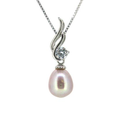Wholesale Sterling Silver Pink Freshwater Pearl and CZ Stone Wave Pendant Necklace-16"