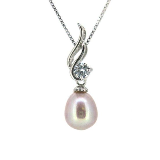Wholesale Sterling Silver Pink Freshwater Pearl and CZ Stone Wave Pendant Necklace-16"