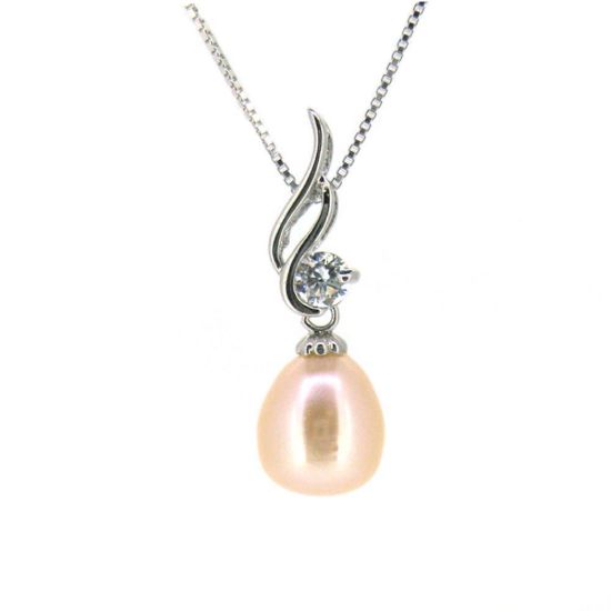 Wholesale Sterling Silver Cream Freshwater Pearl and CZ Stone Wave Pendant Necklace-16"
