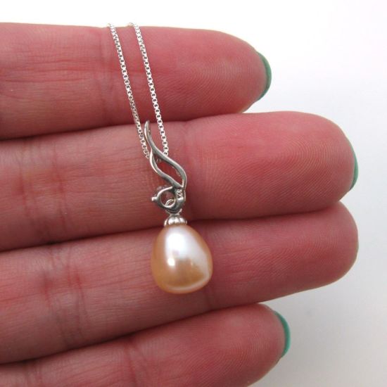 Wholesale Sterling Silver Cream Freshwater Pearl and CZ Stone Wave Pendant Necklace-16"