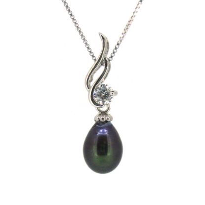 Wholesale Sterling Silver Peacock Freshwater Pearl and CZ Stone Wave Pendant Necklace-16"