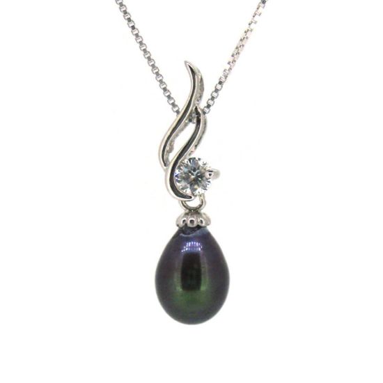 Wholesale Sterling Silver Peacock Freshwater Pearl and CZ Stone Wave Pendant Necklace-16"