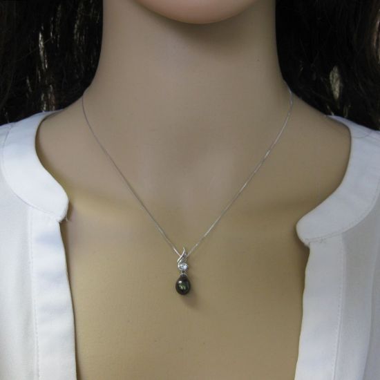 Wholesale Sterling Silver Peacock Freshwater Pearl and CZ Stone Wave Pendant Necklace-16"