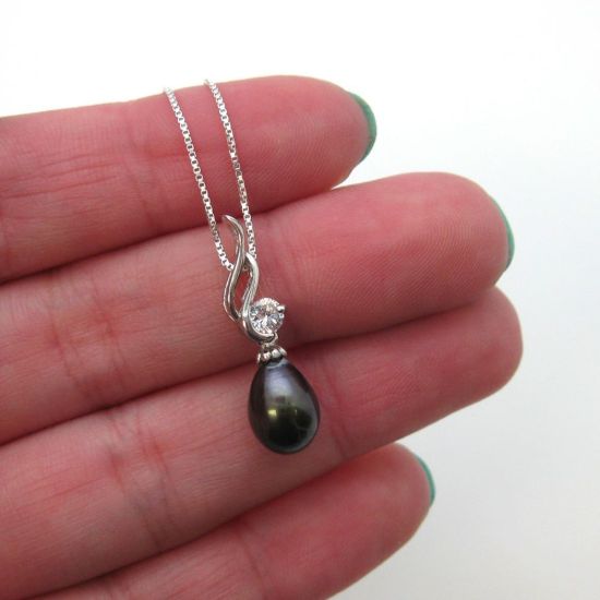 Wholesale Sterling Silver Peacock Freshwater Pearl and CZ Stone Wave Pendant Necklace-16"