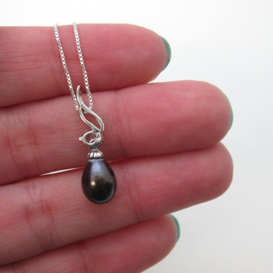 Wholesale Sterling Silver Peacock Freshwater Pearl and CZ Stone Wave Pendant Necklace-16"