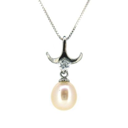 Wholesale Sterling Silver Cream Freshwater Pearl and CZ Stone Petal Pendant Necklace-16"