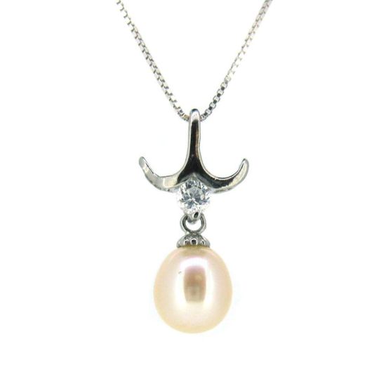 Wholesale Sterling Silver Cream Freshwater Pearl and CZ Stone Petal Pendant Necklace-16"