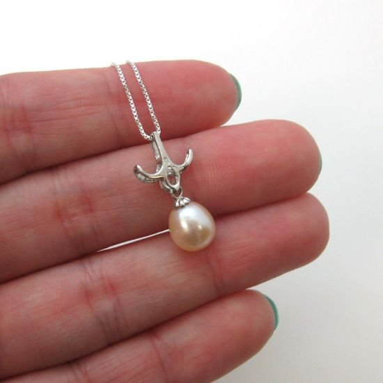 Wholesale Sterling Silver Cream Freshwater Pearl and CZ Stone Petal Pendant Necklace-16"